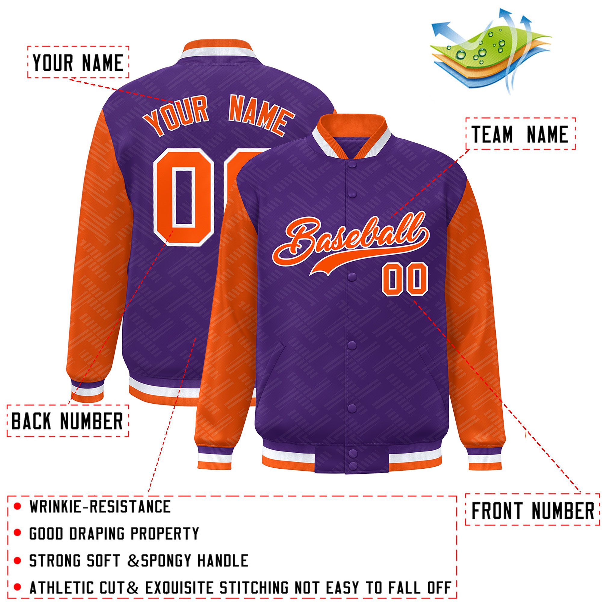 Custom Purple Orange L Pattern Varsity Raglan Sleeves Full-Snap Letterman Baseball Jacket