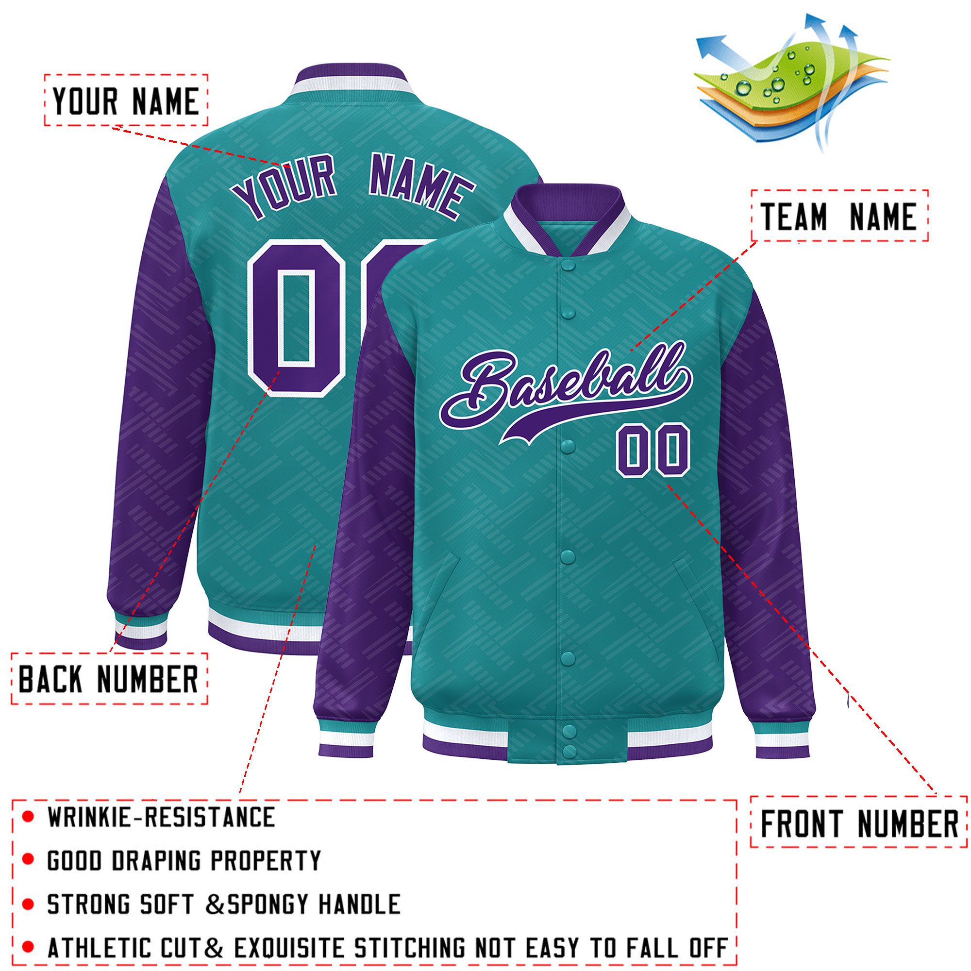 Custom Aqua Purple L Pattern Varsity Raglan Sleeves Full-Snap Letterman Baseball Jacket