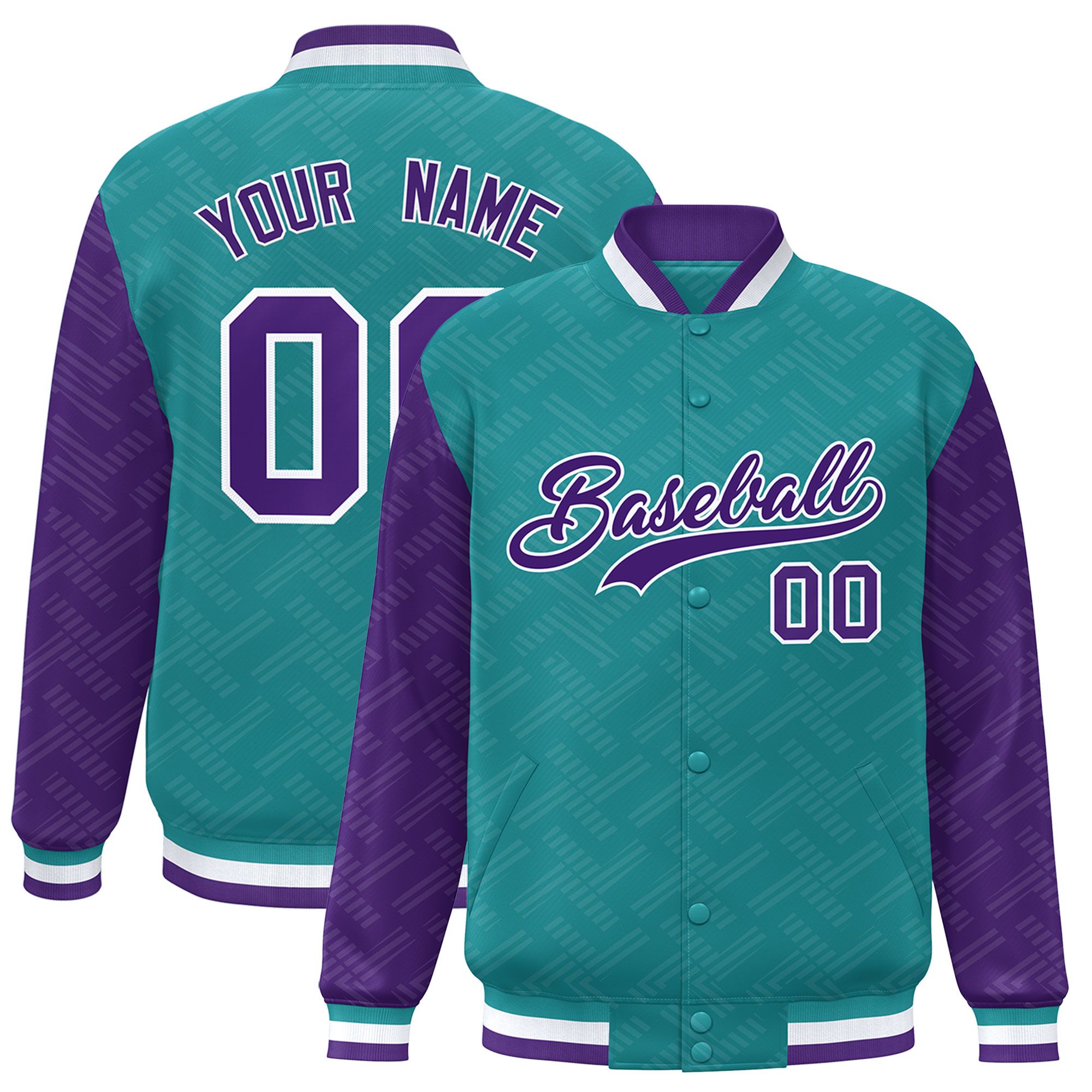 Custom Aqua Purple L Pattern Varsity Raglan Sleeves Full-Snap Letterman Baseball Jacket