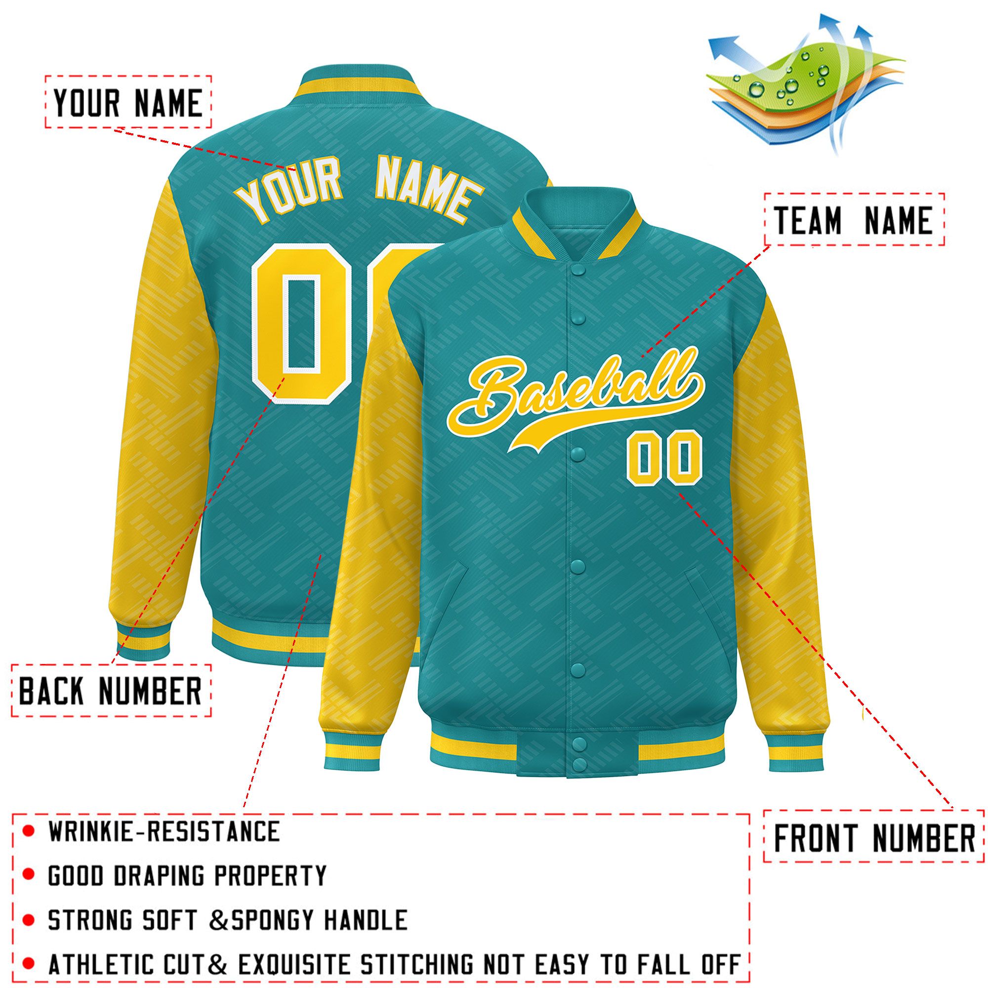 Custom Aqua Gold L Pattern Varsity Raglan Sleeves Full-Snap Letterman Baseball Jacket