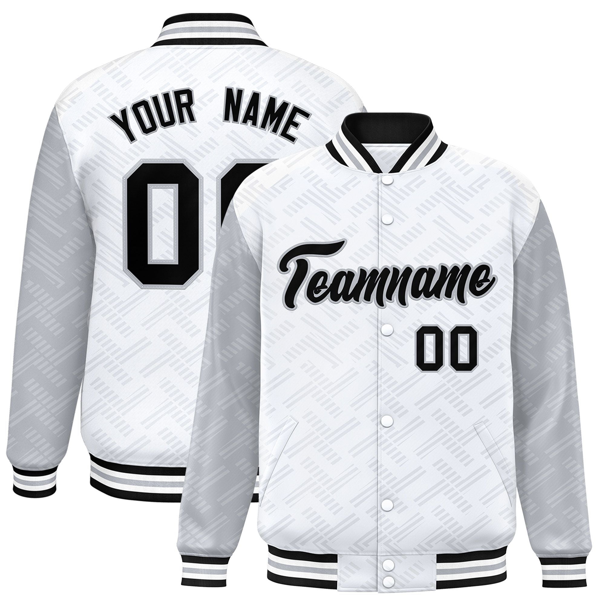 Custom White Gray L Pattern Varsity Raglan Sleeves Full-Snap Letterman Baseball Jacket