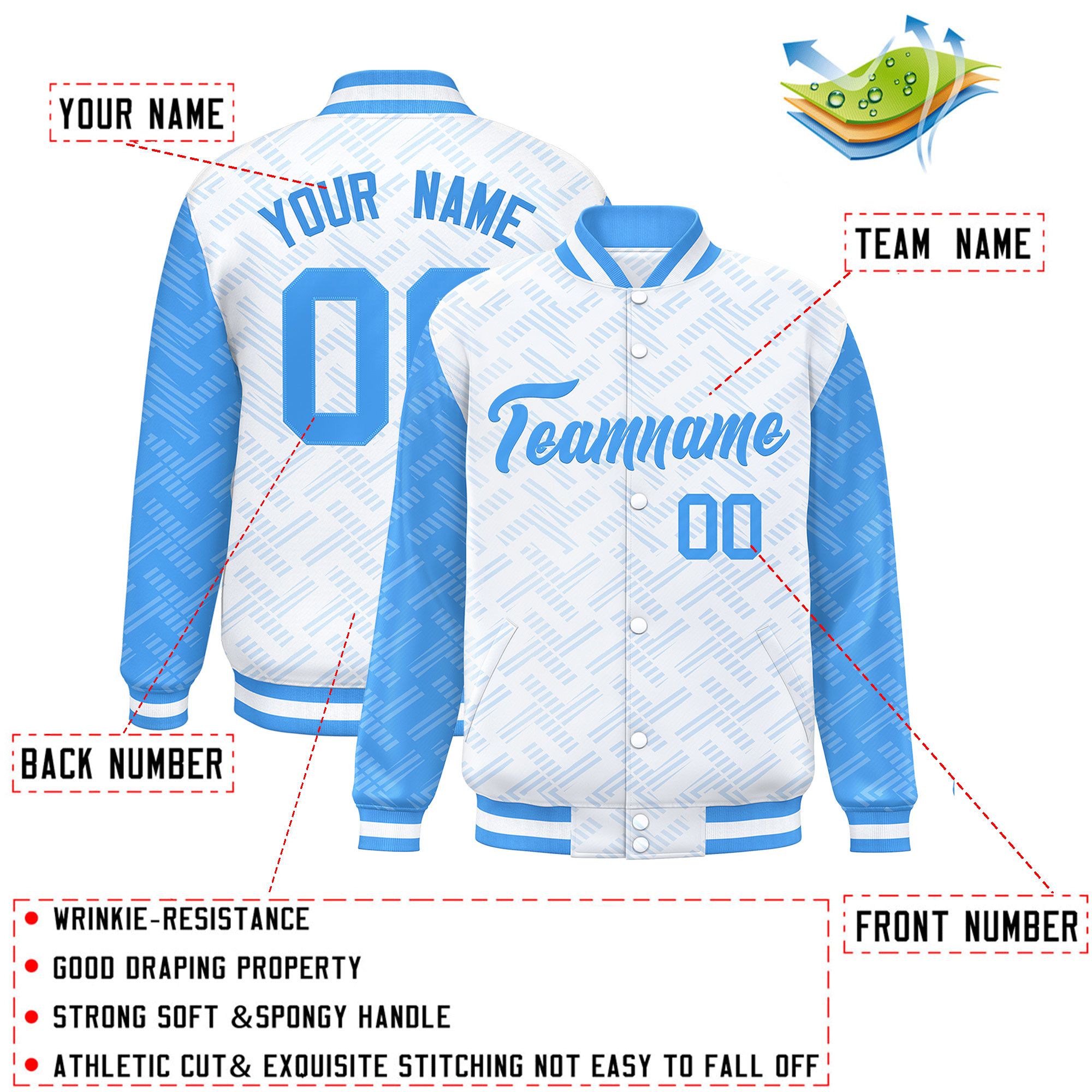 Custom White Powder Blue L Pattern Varsity Raglan Sleeves Full-Snap Letterman Baseball Jacket