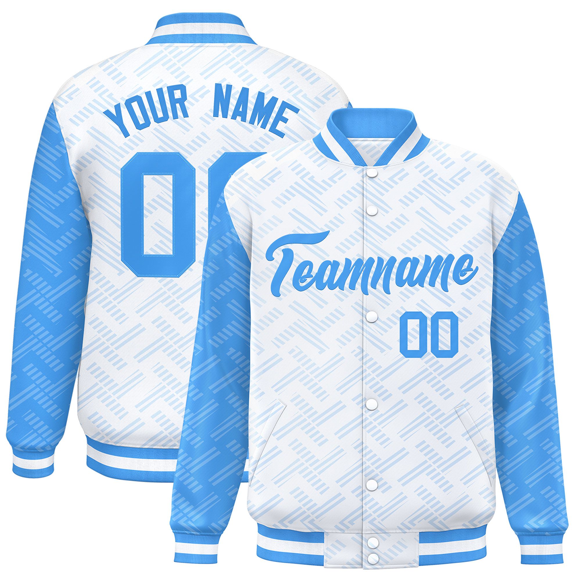 Custom White Powder Blue L Pattern Varsity Raglan Sleeves Full-Snap Letterman Baseball Jacket