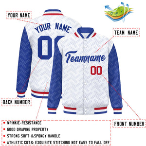 Custom White Royal L Pattern Varsity Raglan Sleeves Full-Snap Letterman Baseball Jacket