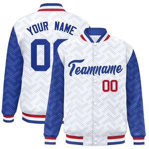 Custom White Royal L Pattern Varsity Raglan Sleeves Full-Snap Letterman Baseball Jacket