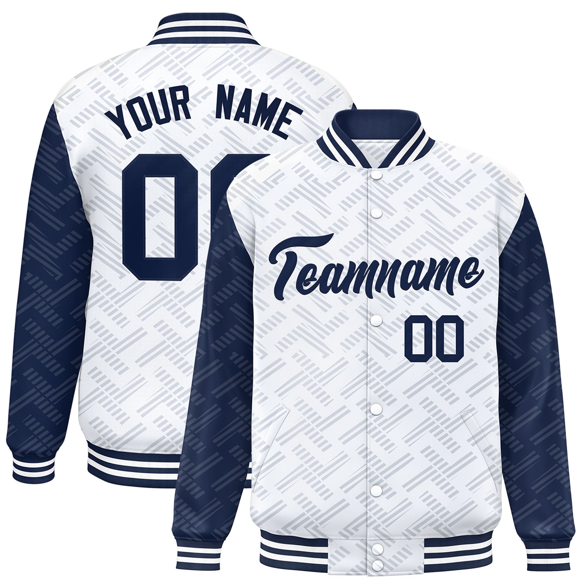 Custom White Navy L Pattern Varsity Raglan Sleeves Full-Snap Letterman Baseball Jacket