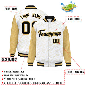 Custom White Old Gold L Pattern Varsity Raglan Sleeves Full-Snap Letterman Baseball Jacket