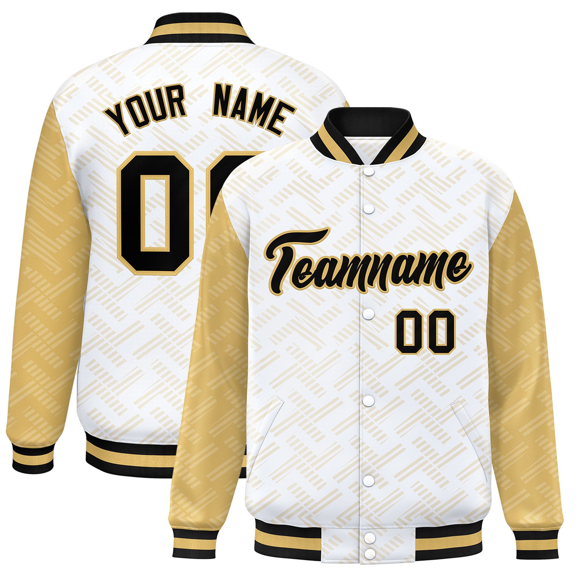 Custom White Old Gold L Pattern Varsity Raglan Sleeves Full-Snap Letterman Baseball Jacket