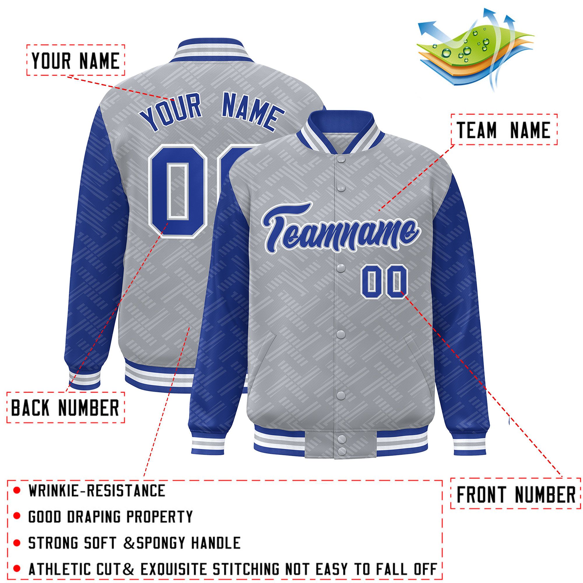 Custom Gray Royal L Pattern Varsity Raglan Sleeves Full-Snap Letterman Baseball Jacket