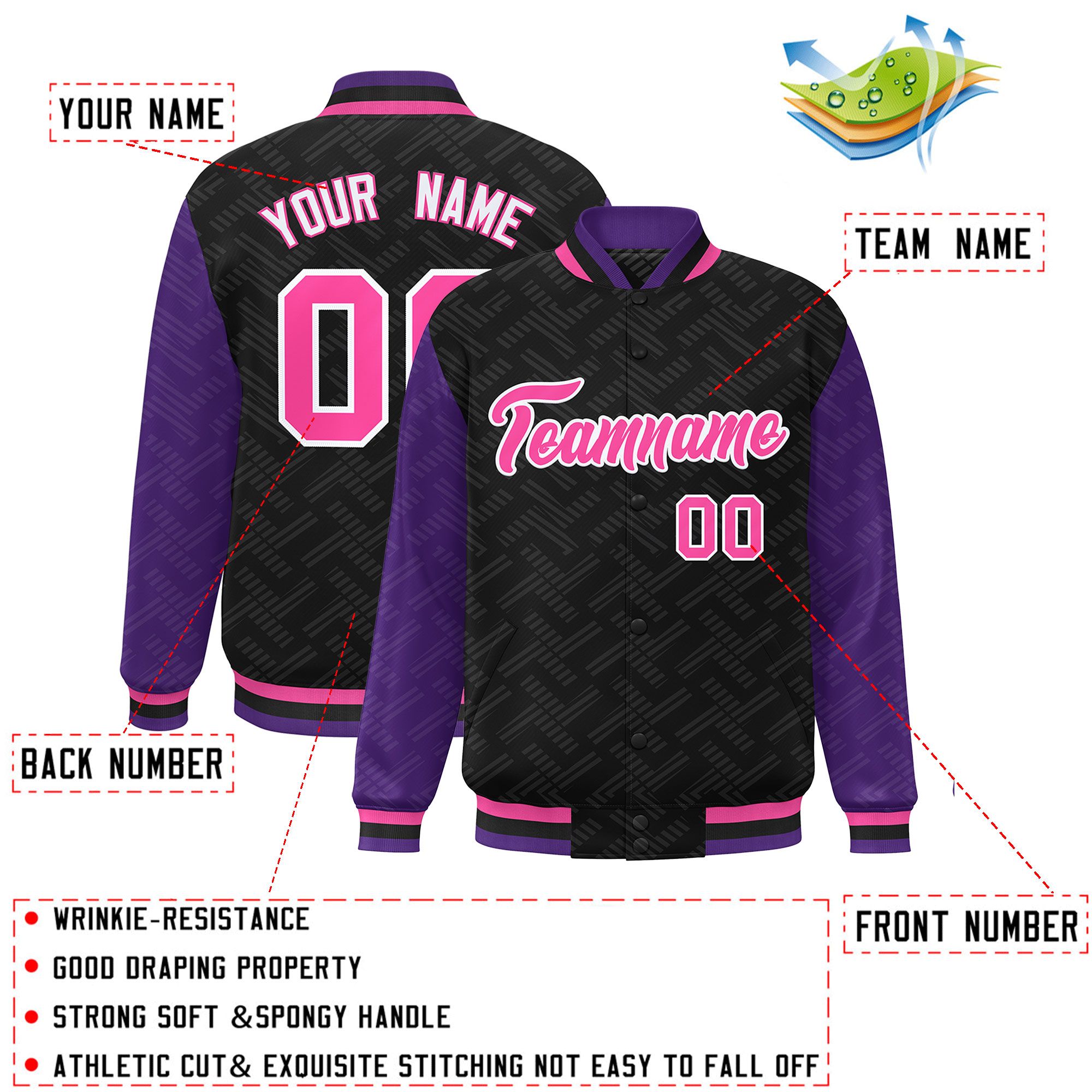 Custom Black Purple L Pattern Varsity Raglan Sleeves Full-Snap Letterman Baseball Jacket