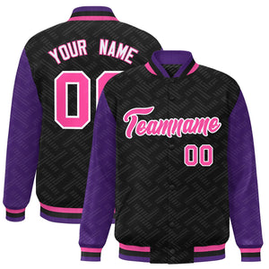 Custom Black Purple L Pattern Varsity Raglan Sleeves Full-Snap Letterman Baseball Jacket