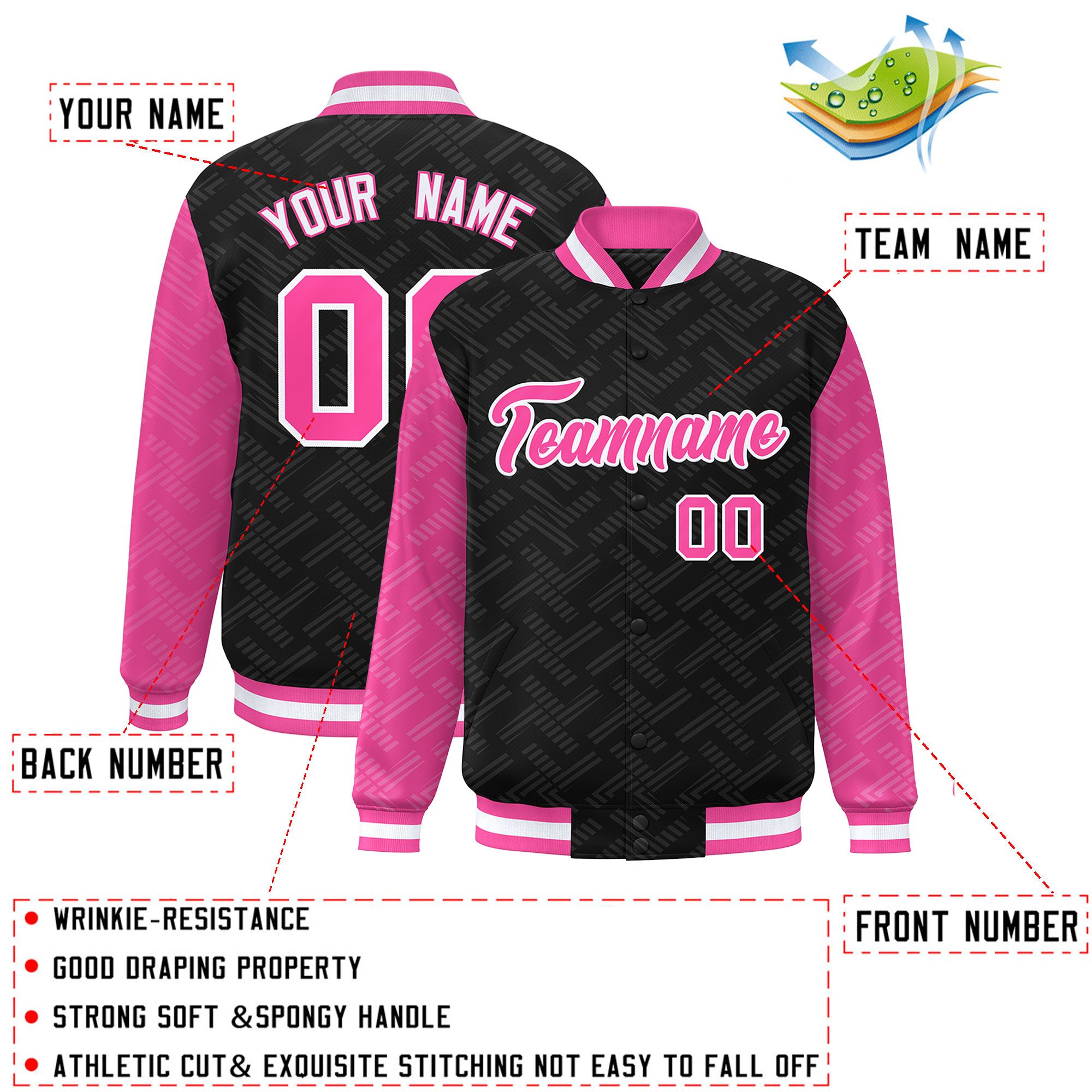 Custom Black Pink L Pattern Varsity Raglan Sleeves Full-Snap Letterman Baseball Jacket