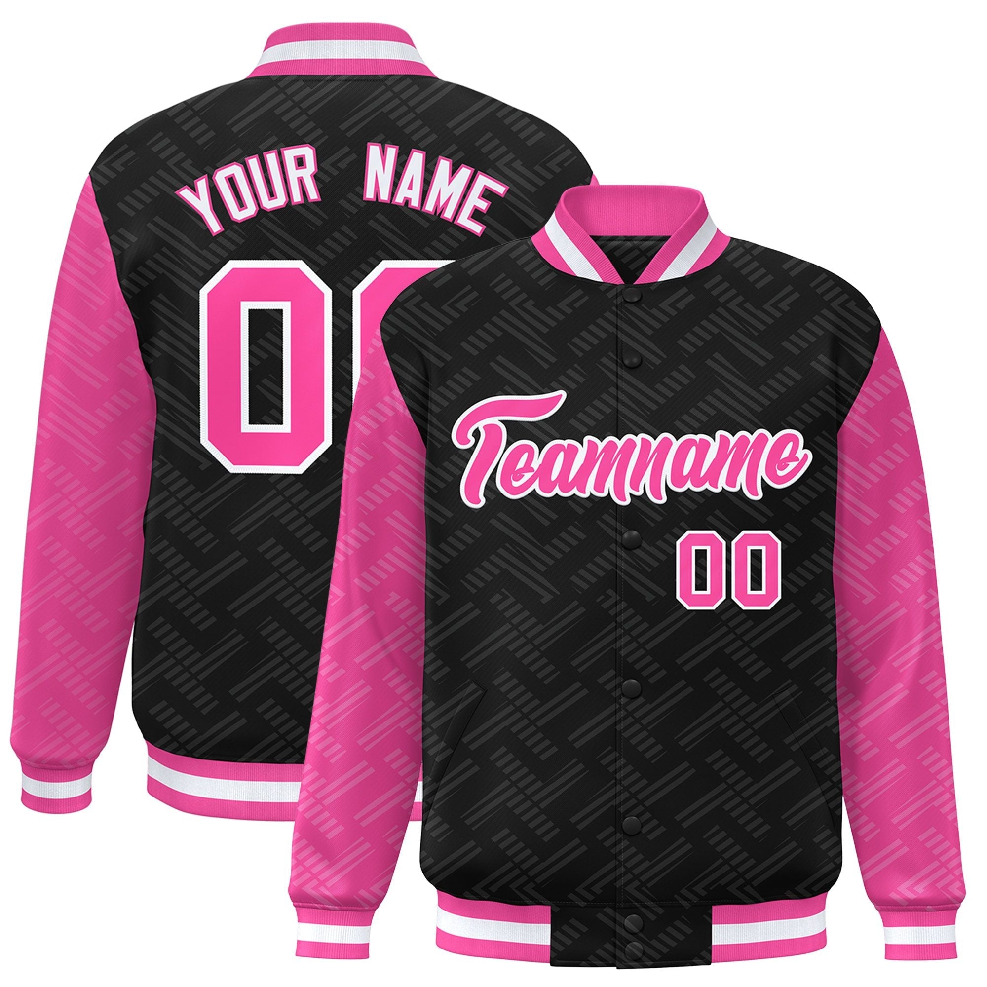 Custom Black Pink L Pattern Varsity Raglan Sleeves Full-Snap Letterman Baseball Jacket