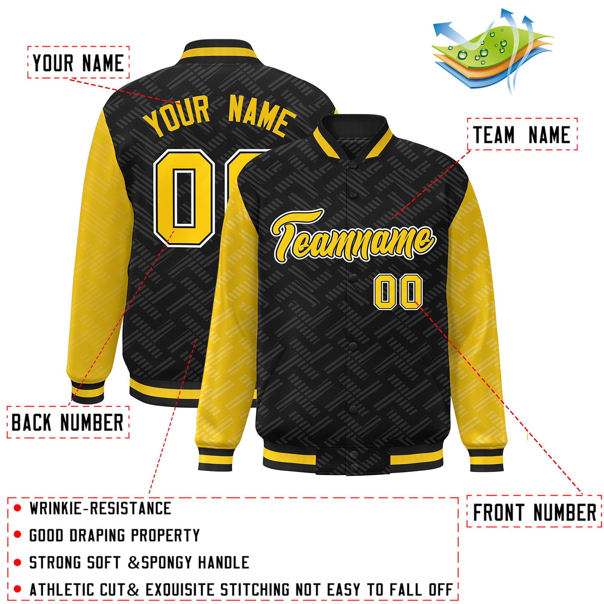 Custom Black Gold L Pattern Varsity Raglan Sleeves Full-Snap Letterman Baseball Jacket