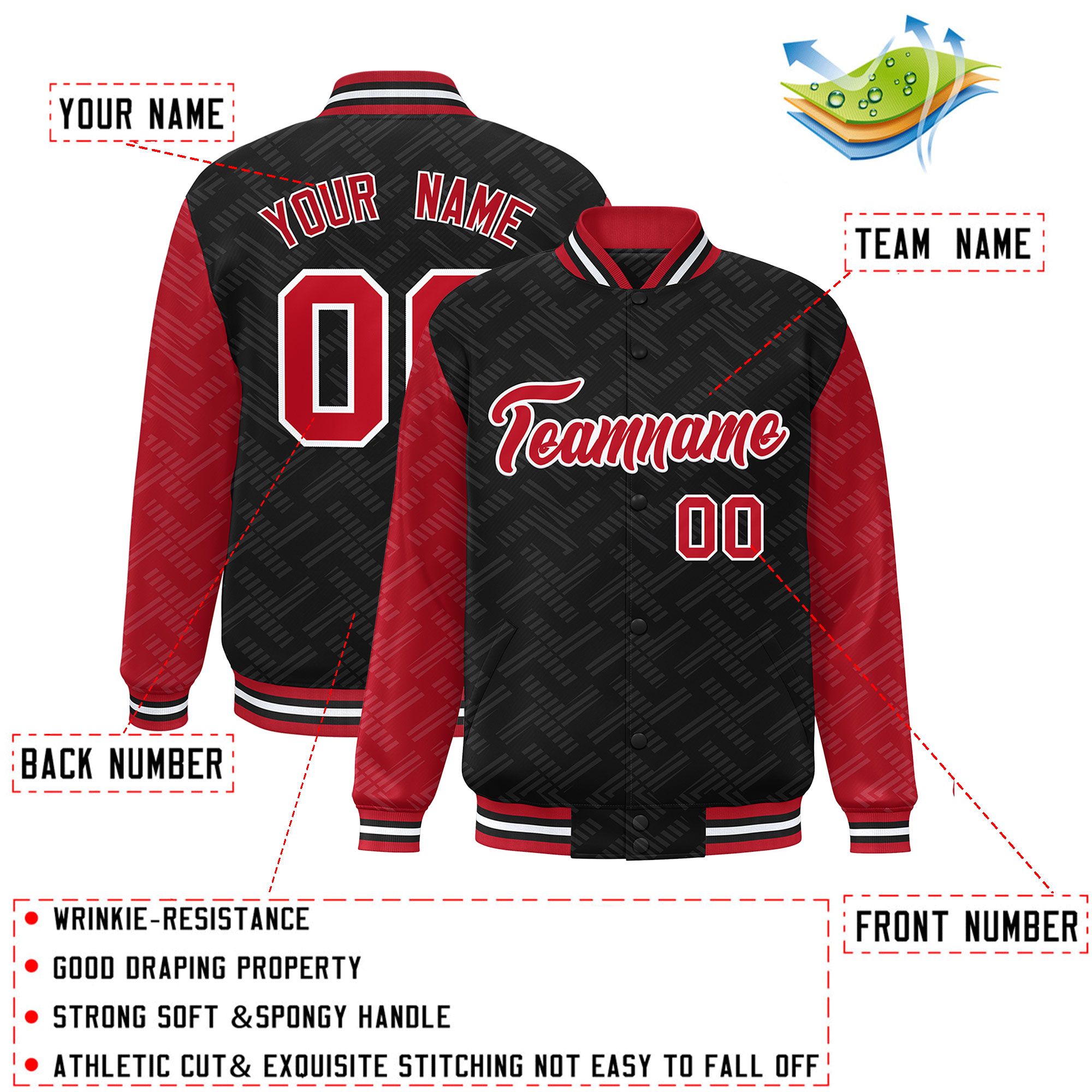 Custom Black Red L Pattern Varsity Raglan Sleeves Full-Snap Letterman Baseball Jacket