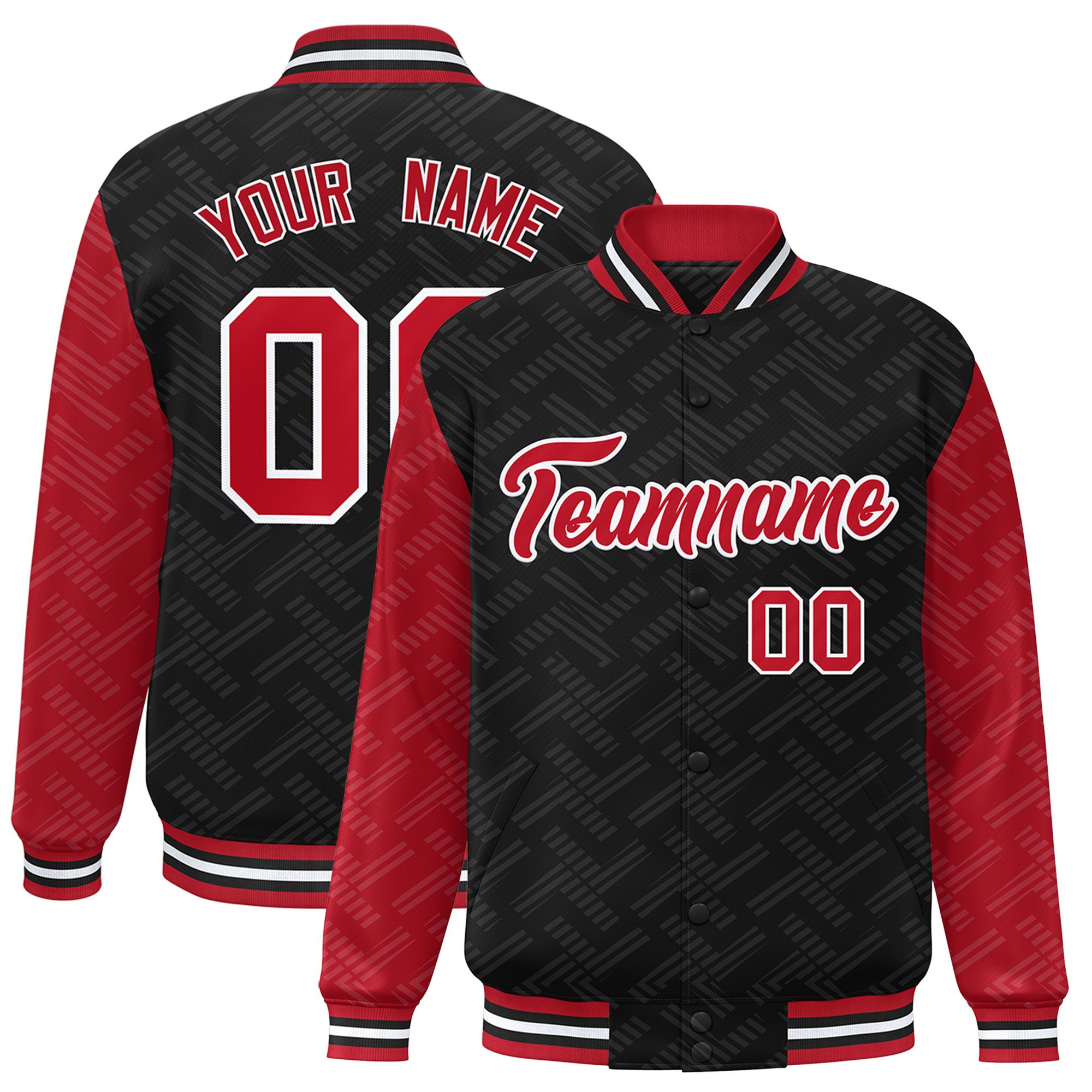 Custom Black Red L Pattern Varsity Raglan Sleeves Full-Snap Letterman Baseball Jacket