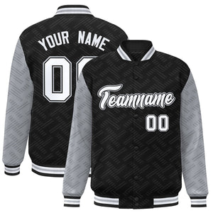 Custom Black Gray L Pattern Varsity Raglan Sleeves Full-Snap Letterman Baseball Jacket