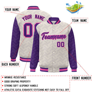 Custom Cream Purple L Pattern Varsity Raglan Sleeves Full-Snap Letterman Baseball Jacket