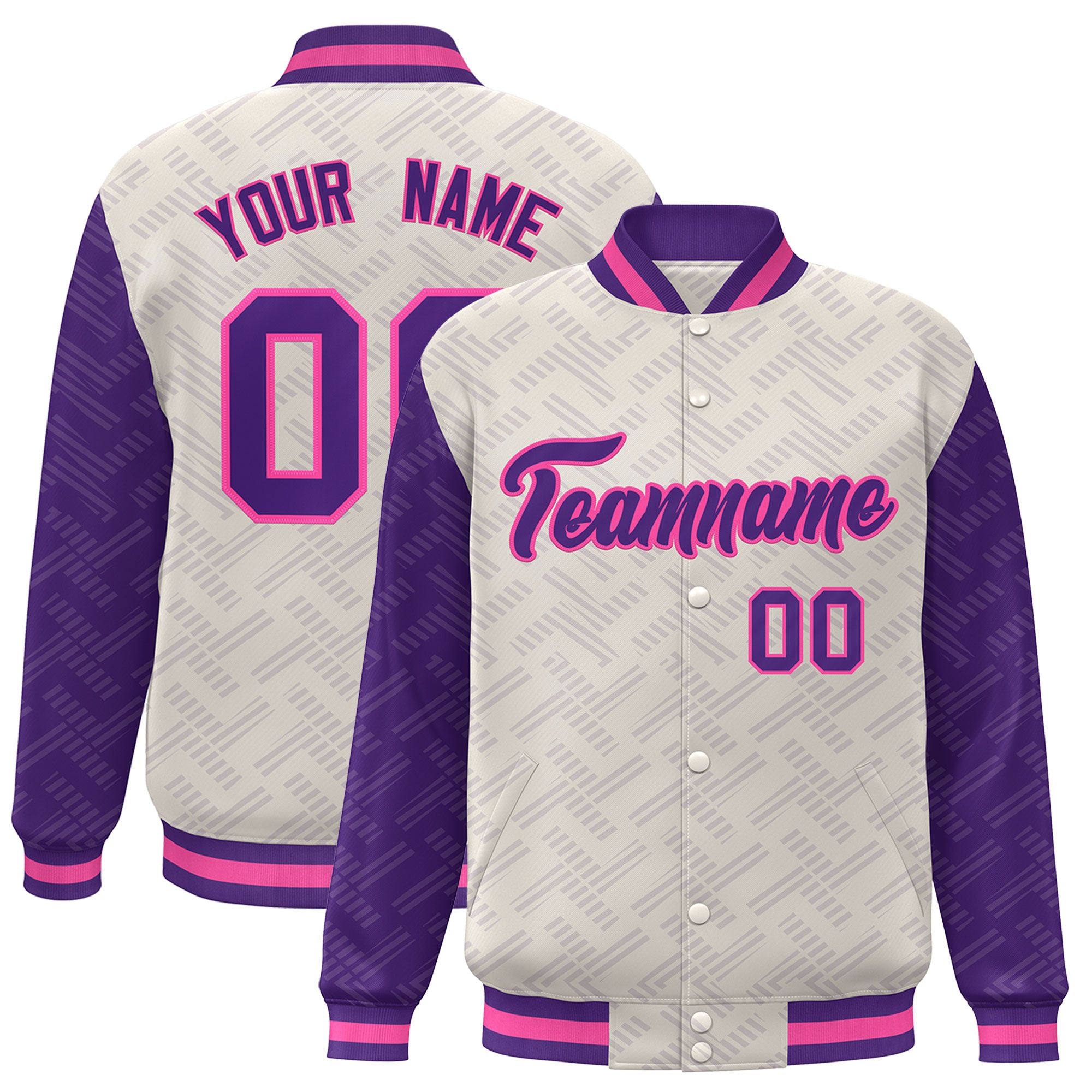 Custom Cream Purple L Pattern Varsity Raglan Sleeves Full-Snap Letterman Baseball Jacket