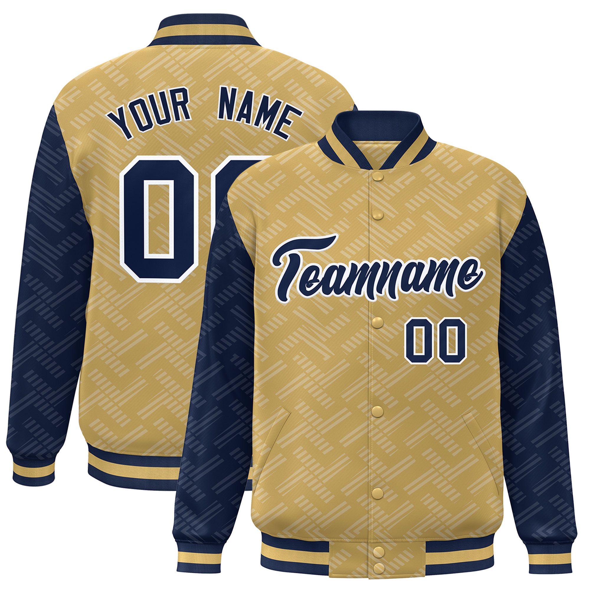 Custom Old Gold Navy L Pattern Varsity Raglan Sleeves Full-Snap Letterman Baseball Jacket