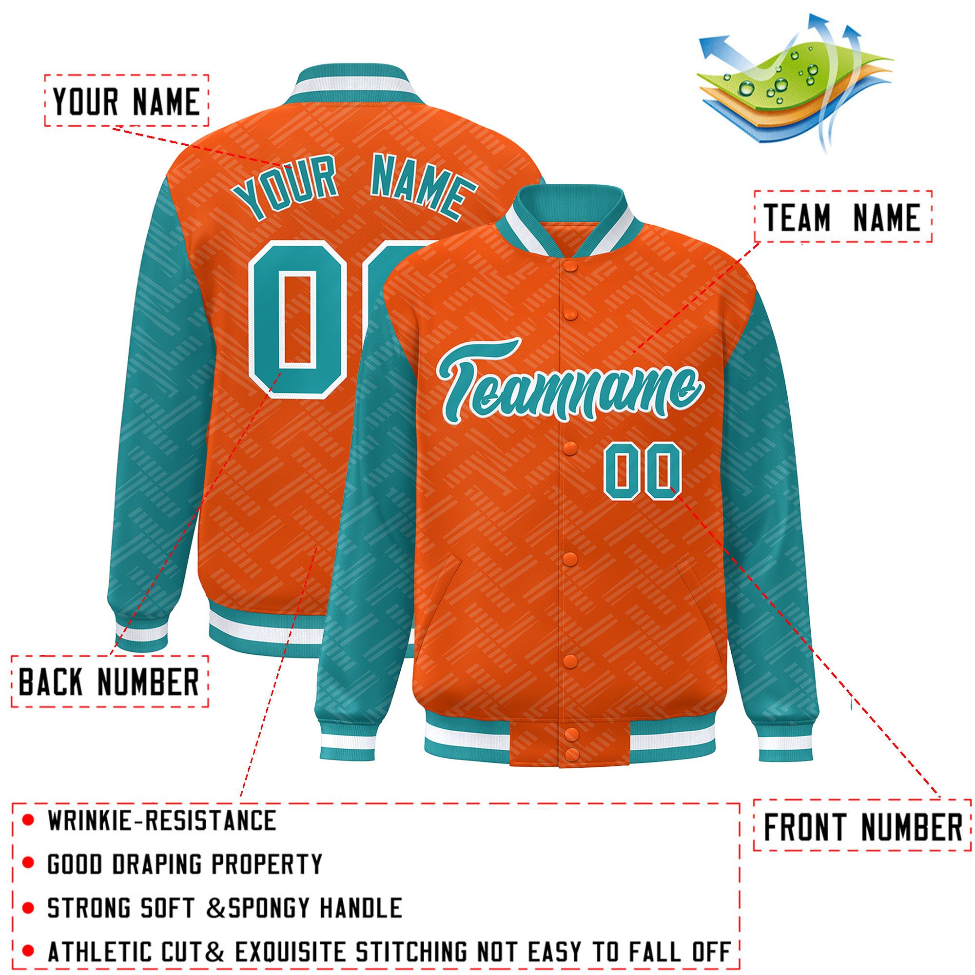 Custom Orange Aqua L Pattern Varsity Raglan Sleeves Full-Snap Letterman Baseball Jacket