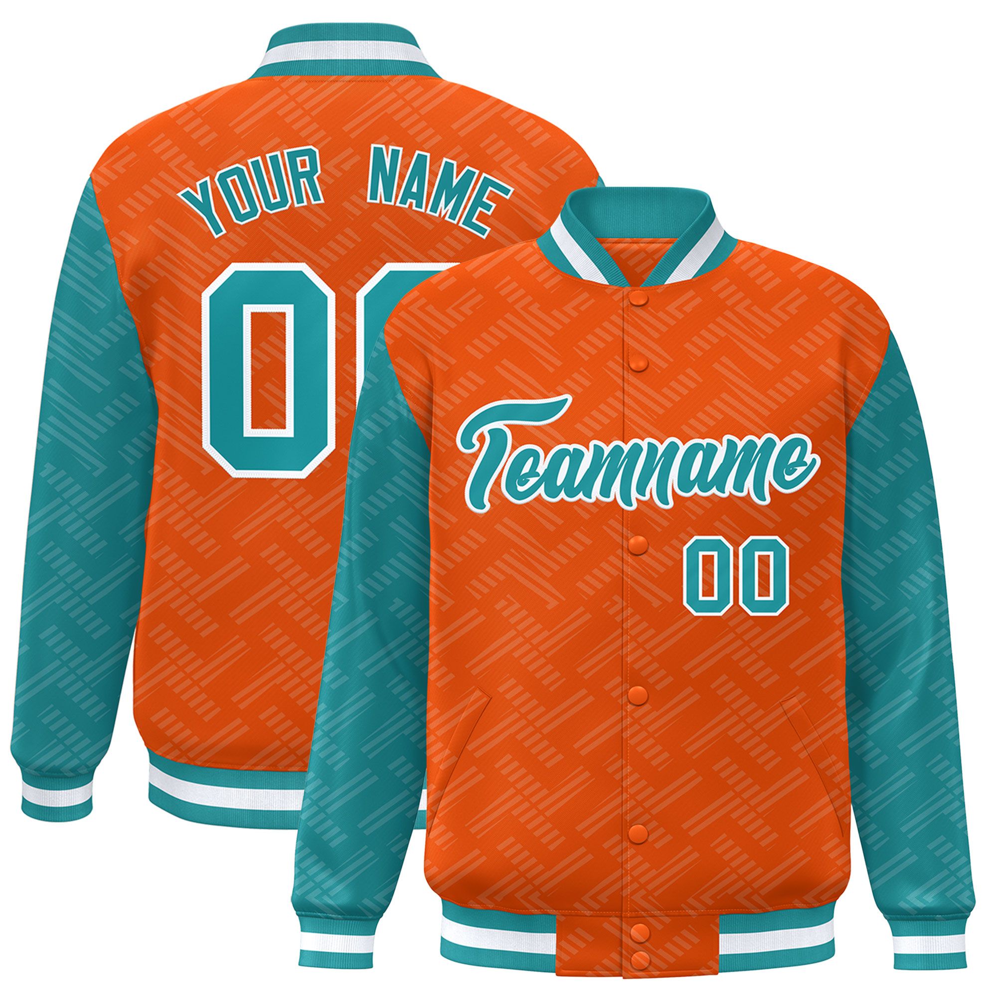 Custom Orange Aqua L Pattern Varsity Raglan Sleeves Full-Snap Letterman Baseball Jacket