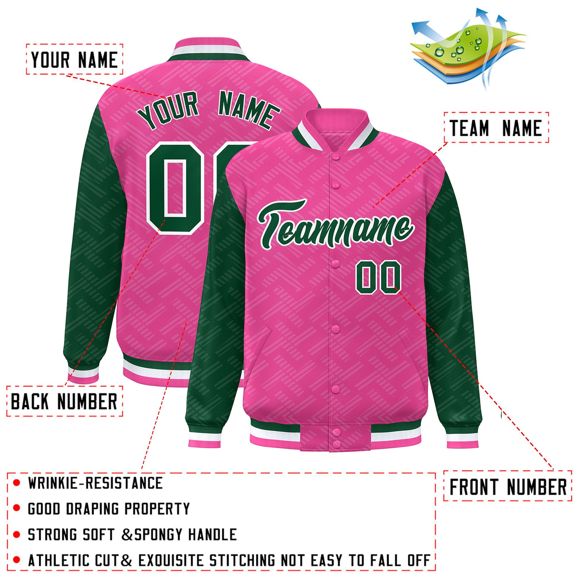 Custom Pink Green L Pattern Varsity Raglan Sleeves Full-Snap Letterman Baseball Jacket