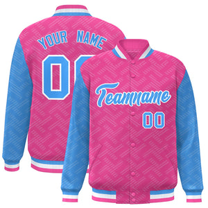 Custom Pink Powder Blue L Pattern Varsity Raglan Sleeves Full-Snap Letterman Baseball Jacket