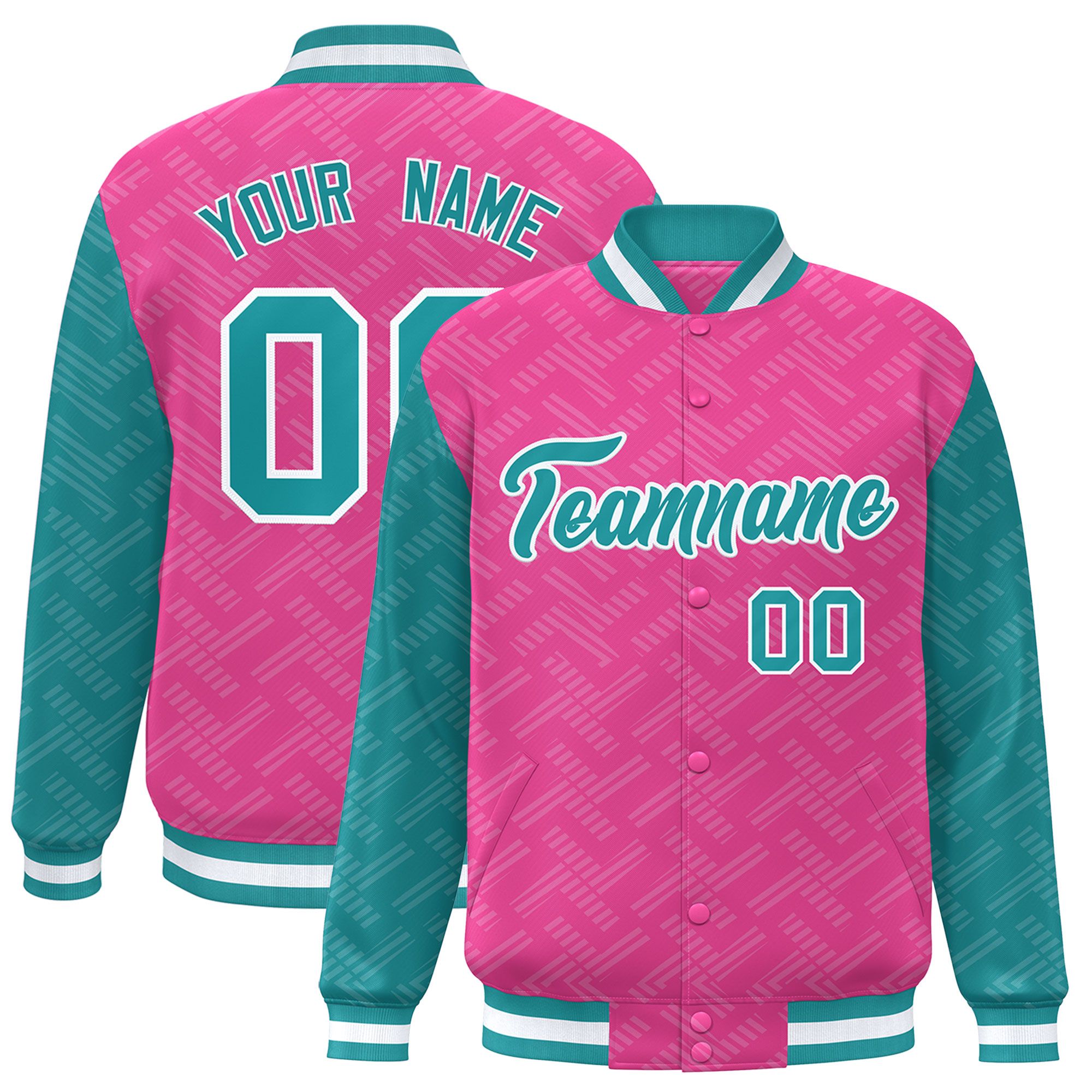 Custom Pink Aqua L Pattern Varsity Raglan Sleeves Full-Snap Letterman Baseball Jacket