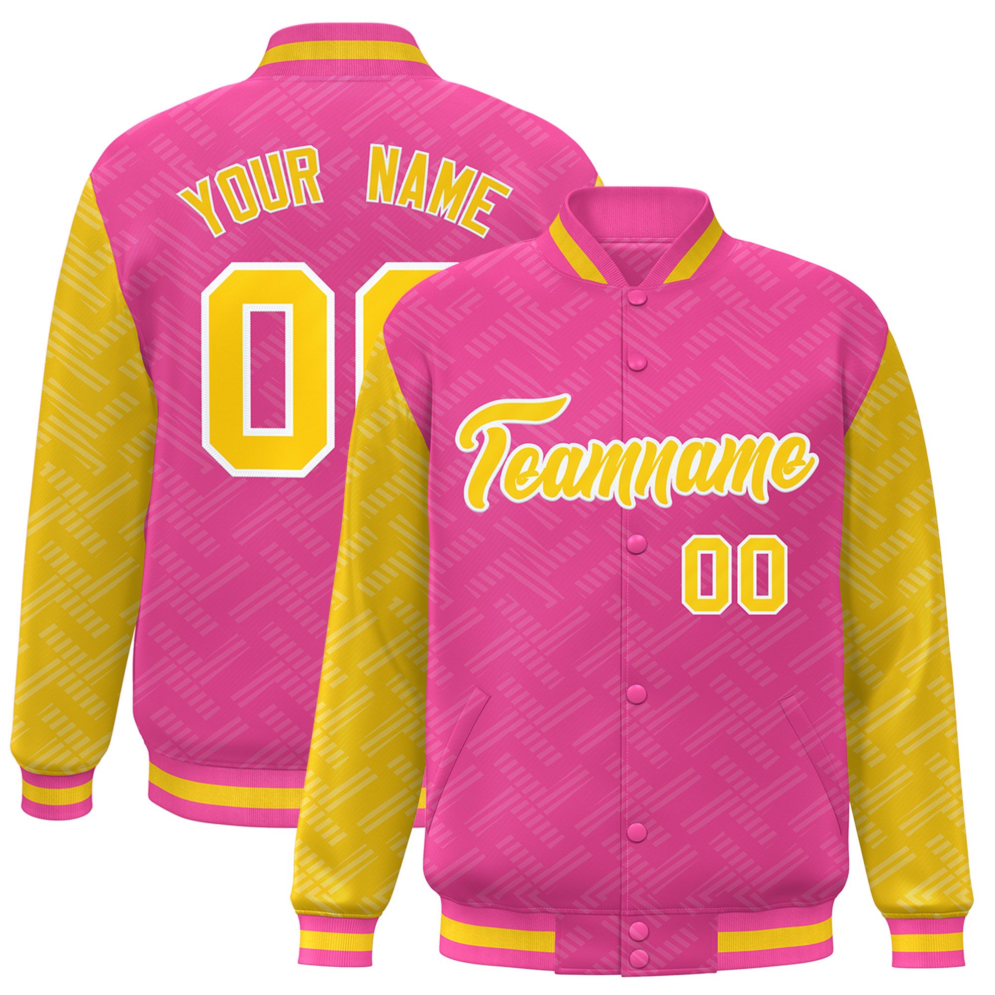 Custom Pink Gold L Pattern Varsity Raglan Sleeves Full-Snap Letterman Baseball Jacket