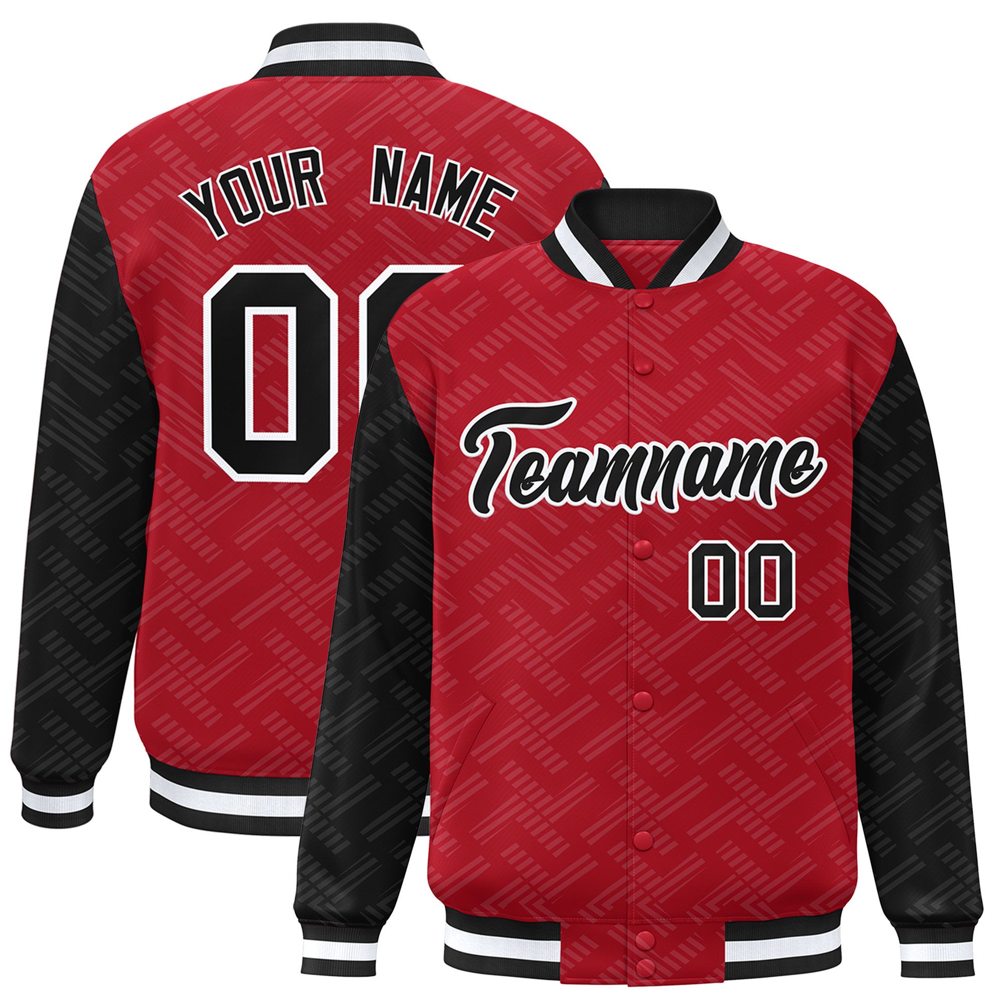 Custom Red Black L Pattern Varsity Raglan Sleeves Full-Snap Letterman Baseball Jacket