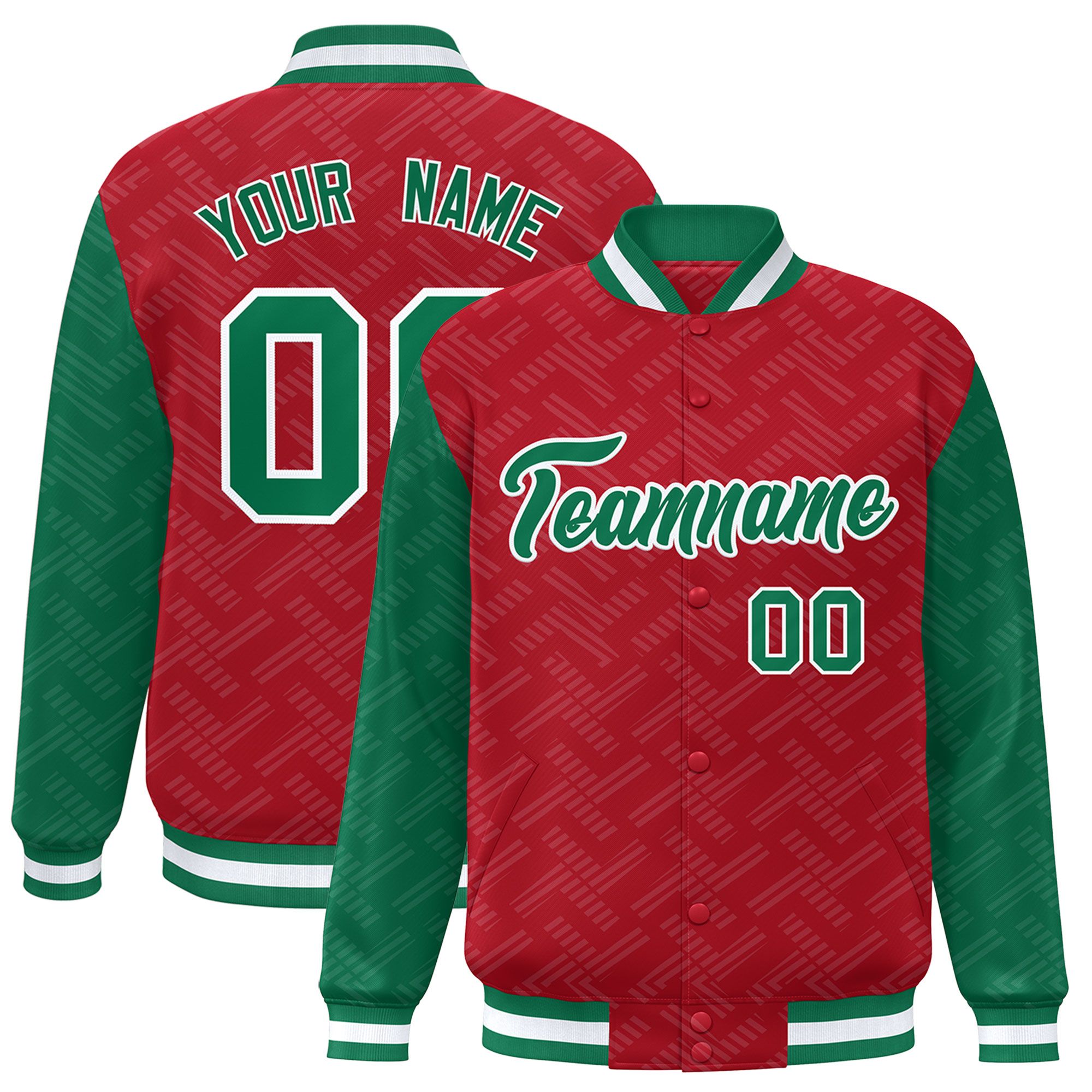 Custom Red Kelly Green L Pattern Varsity Raglan Sleeves Full-Snap Letterman Baseball Jacket