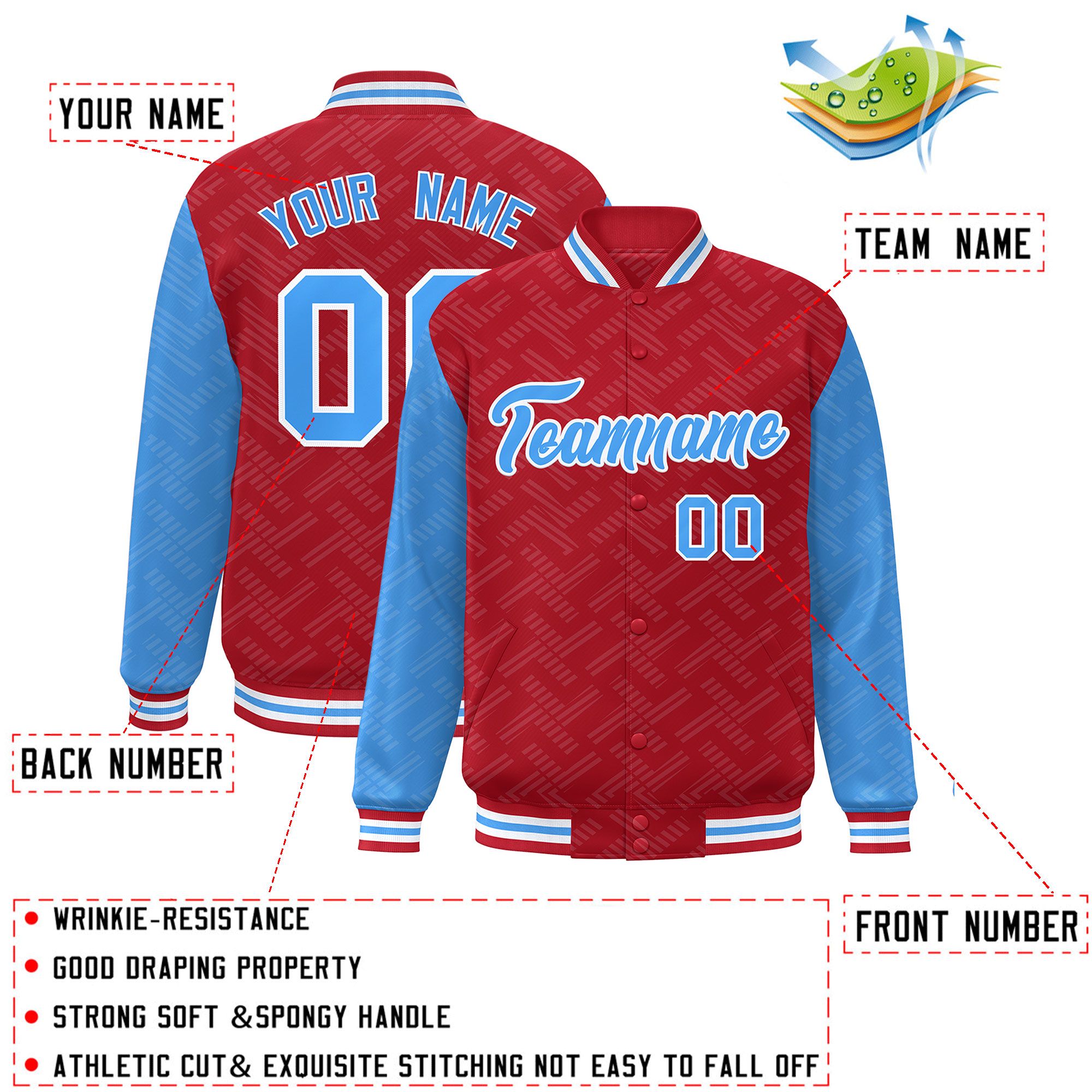 Custom Red Powder Blue L Pattern Varsity Raglan Sleeves Full-Snap Letterman Baseball Jacket