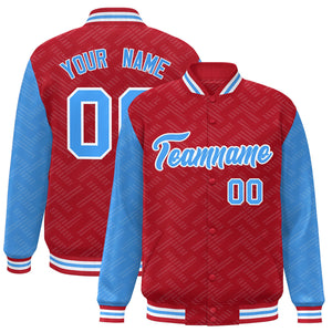 Custom Red Powder Blue L Pattern Varsity Raglan Sleeves Full-Snap Letterman Baseball Jacket