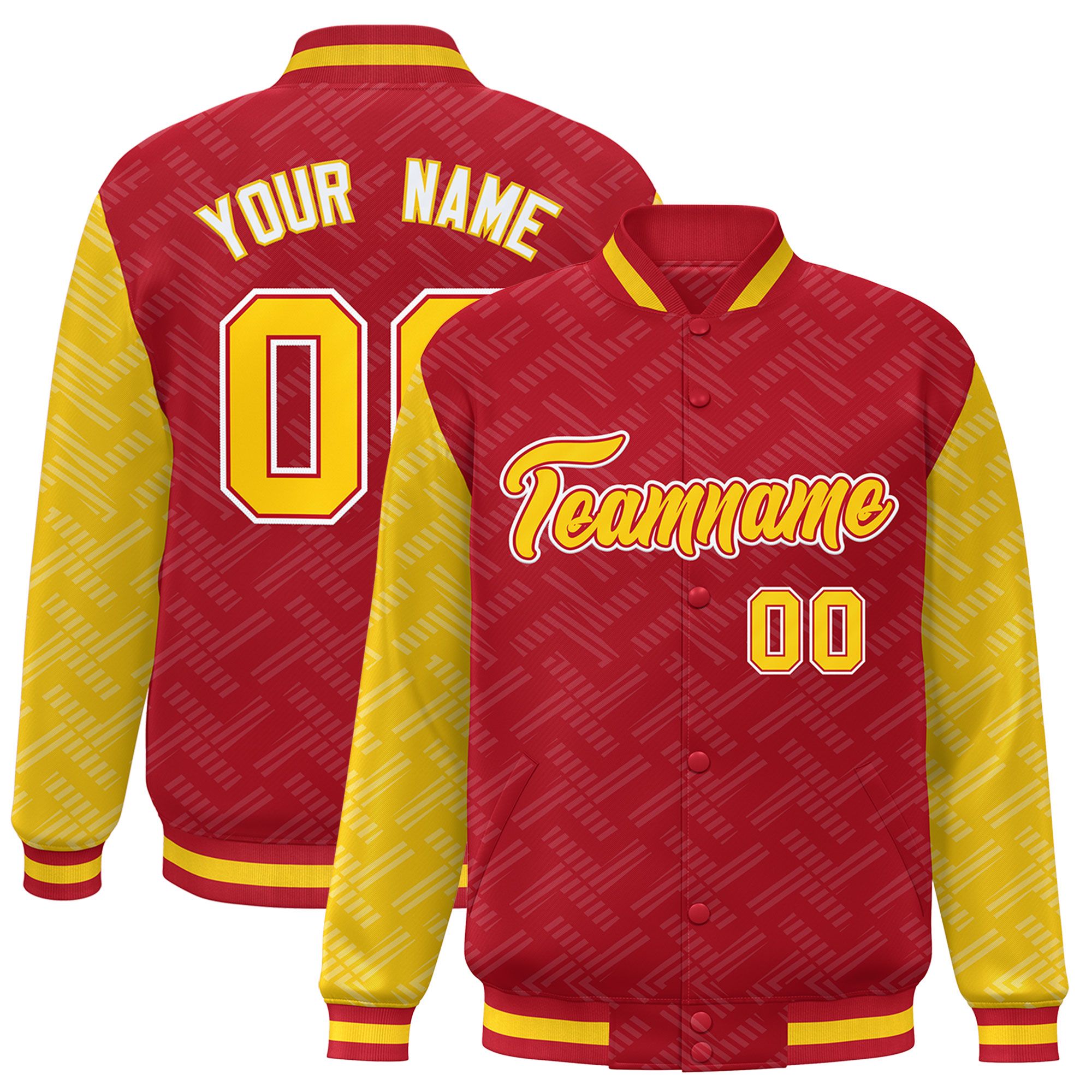 Custom Red Gold L Pattern Varsity Raglan Sleeves Full-Snap Letterman Baseball Jacket