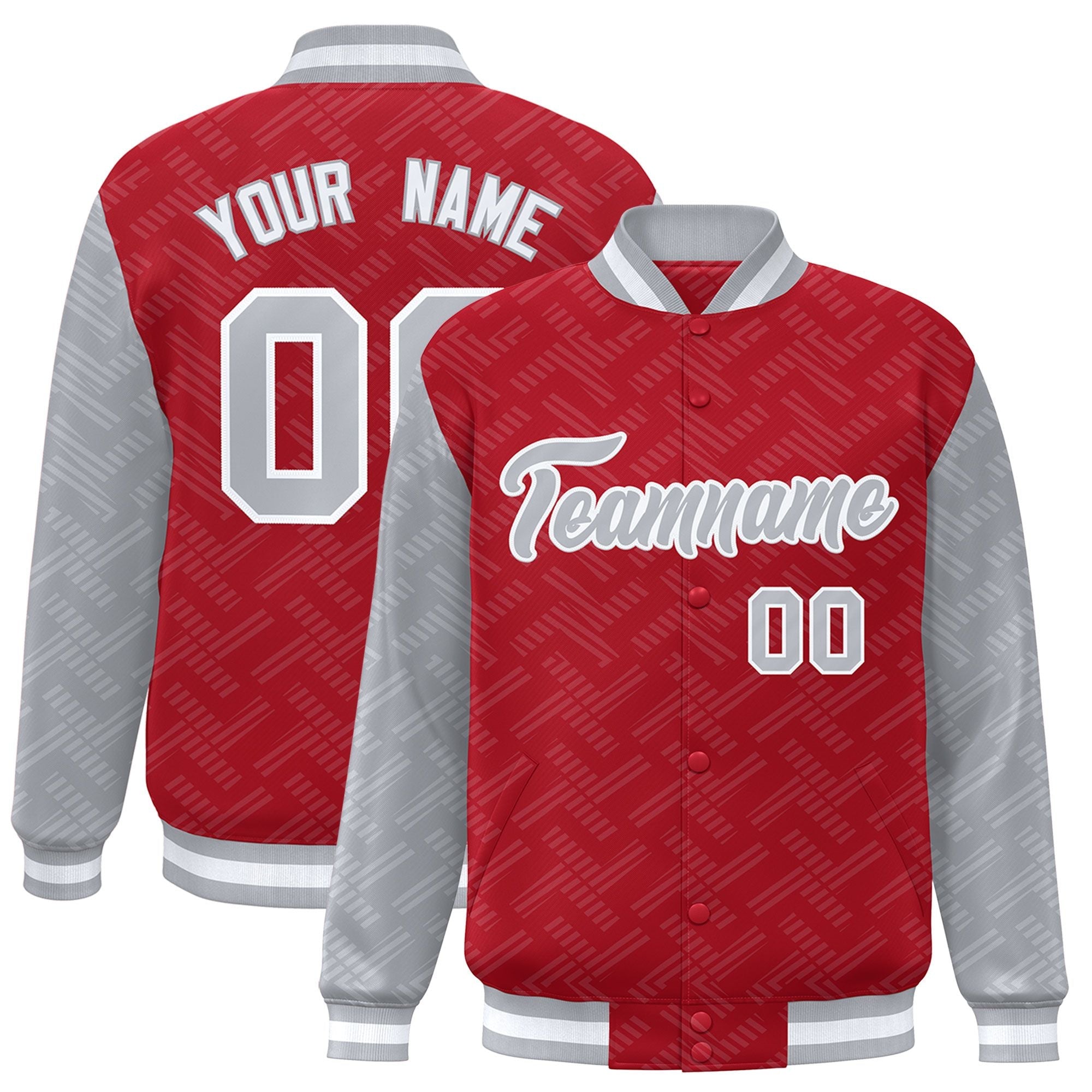 Custom Red Gray L Pattern Varsity Raglan Sleeves Full-Snap Letterman Baseball Jacket