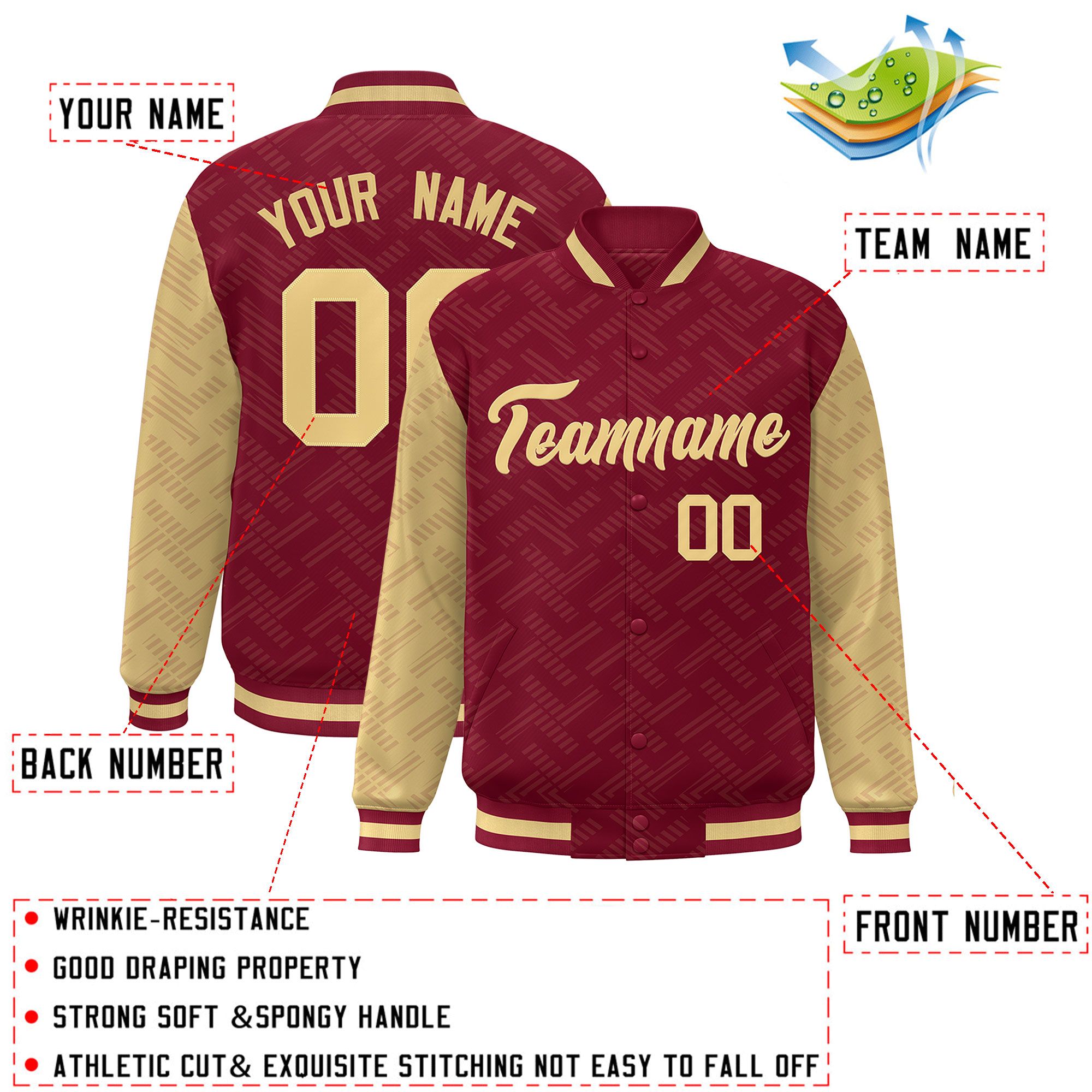 Custom Crimson Khaki L Pattern Varsity Raglan Sleeves Full-Snap Letterman Baseball Jacket