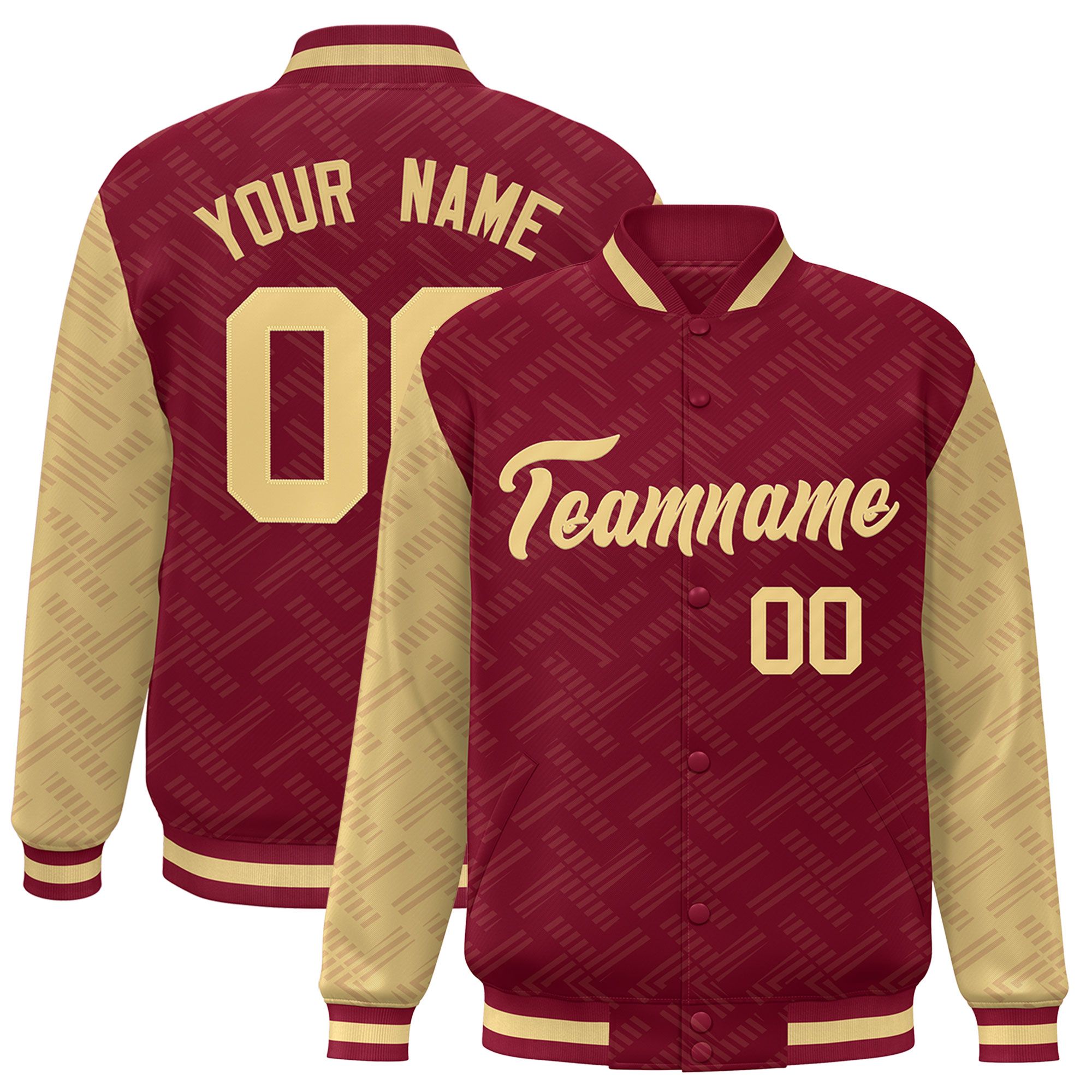 Custom Crimson Khaki L Pattern Varsity Raglan Sleeves Full-Snap Letterman Baseball Jacket