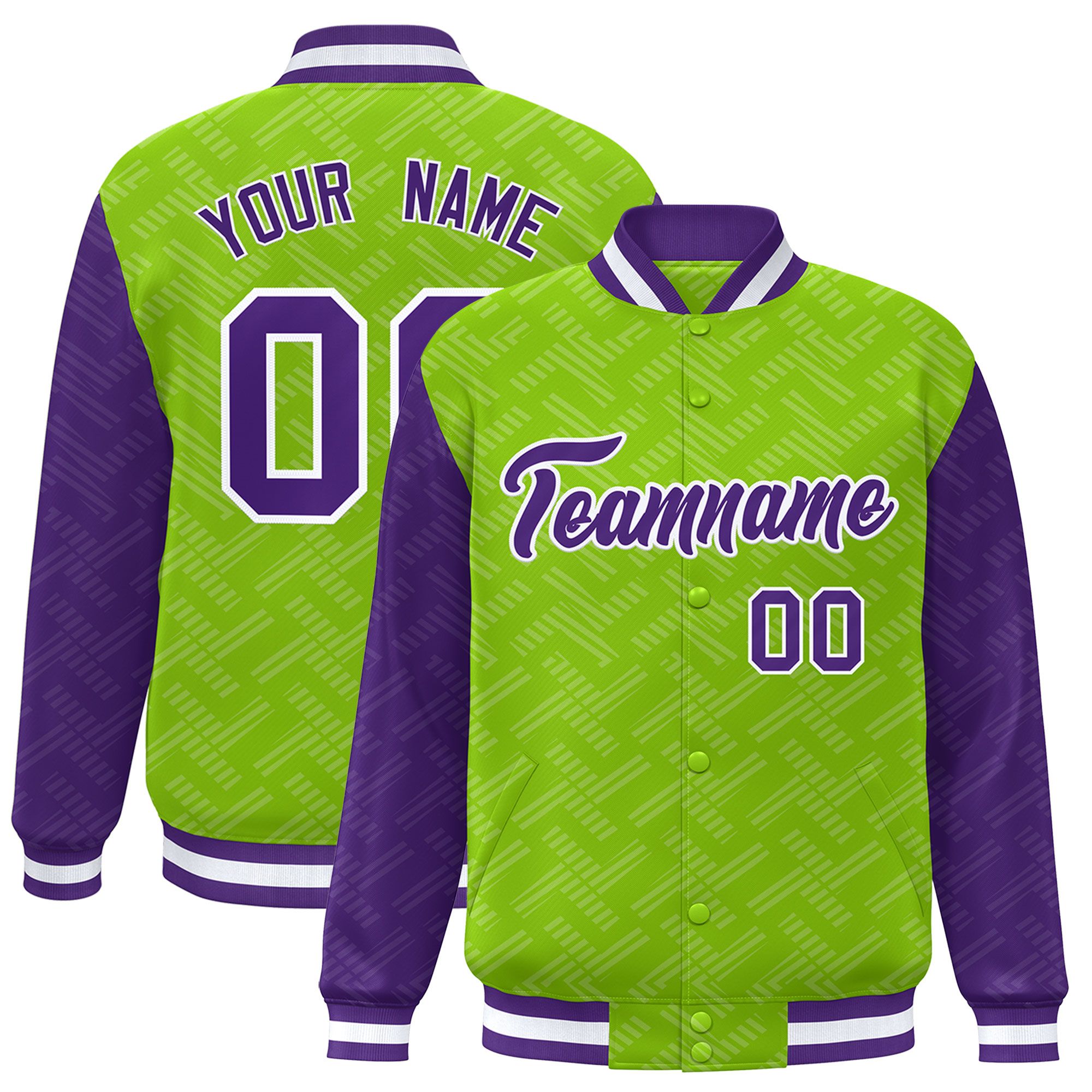 Custom Neon Green Purple L Pattern Varsity Raglan Sleeves Full-Snap Letterman Baseball Jacket