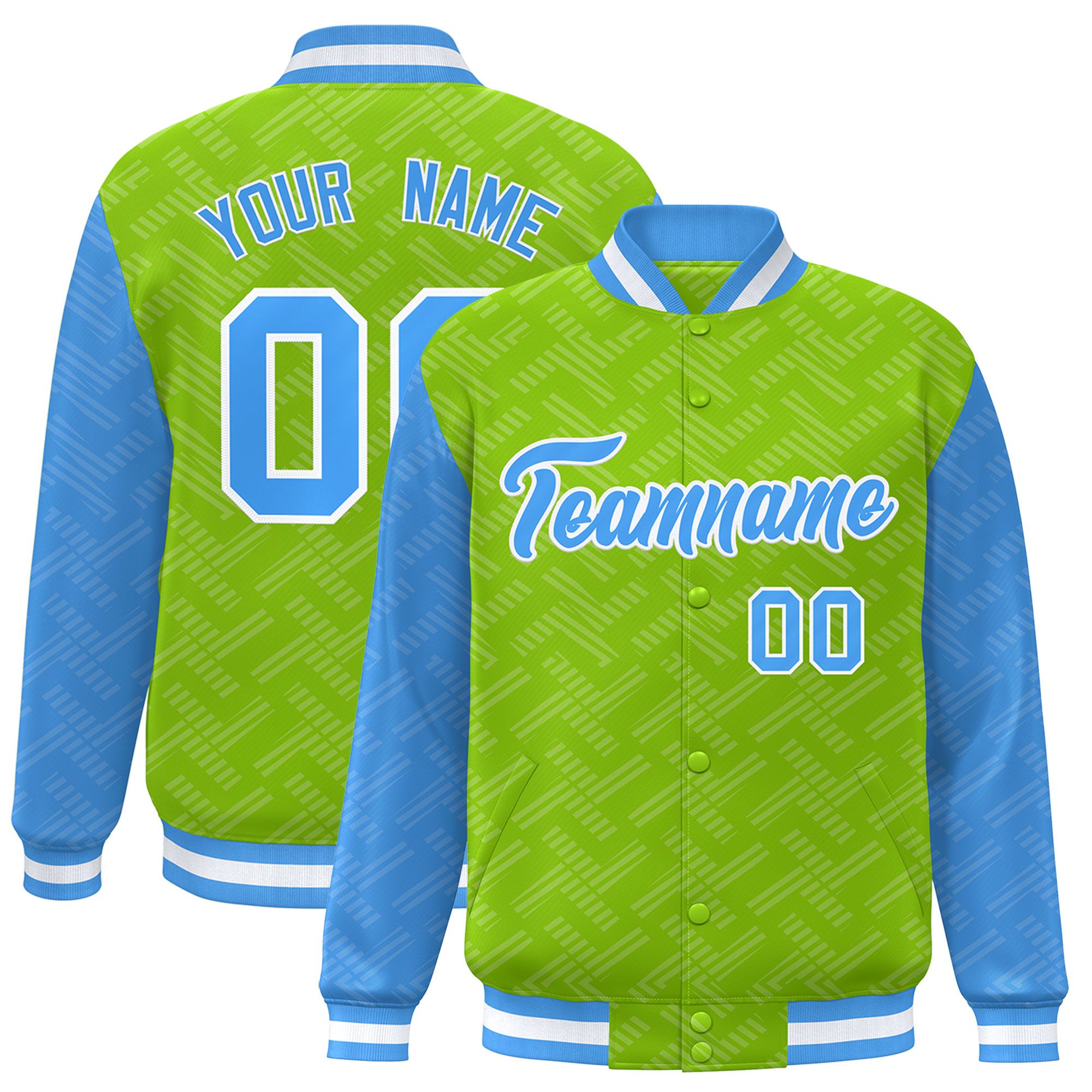 Custom Neon Green Powder Blue L Pattern Varsity Raglan Sleeves Full-Snap Letterman Baseball Jacket