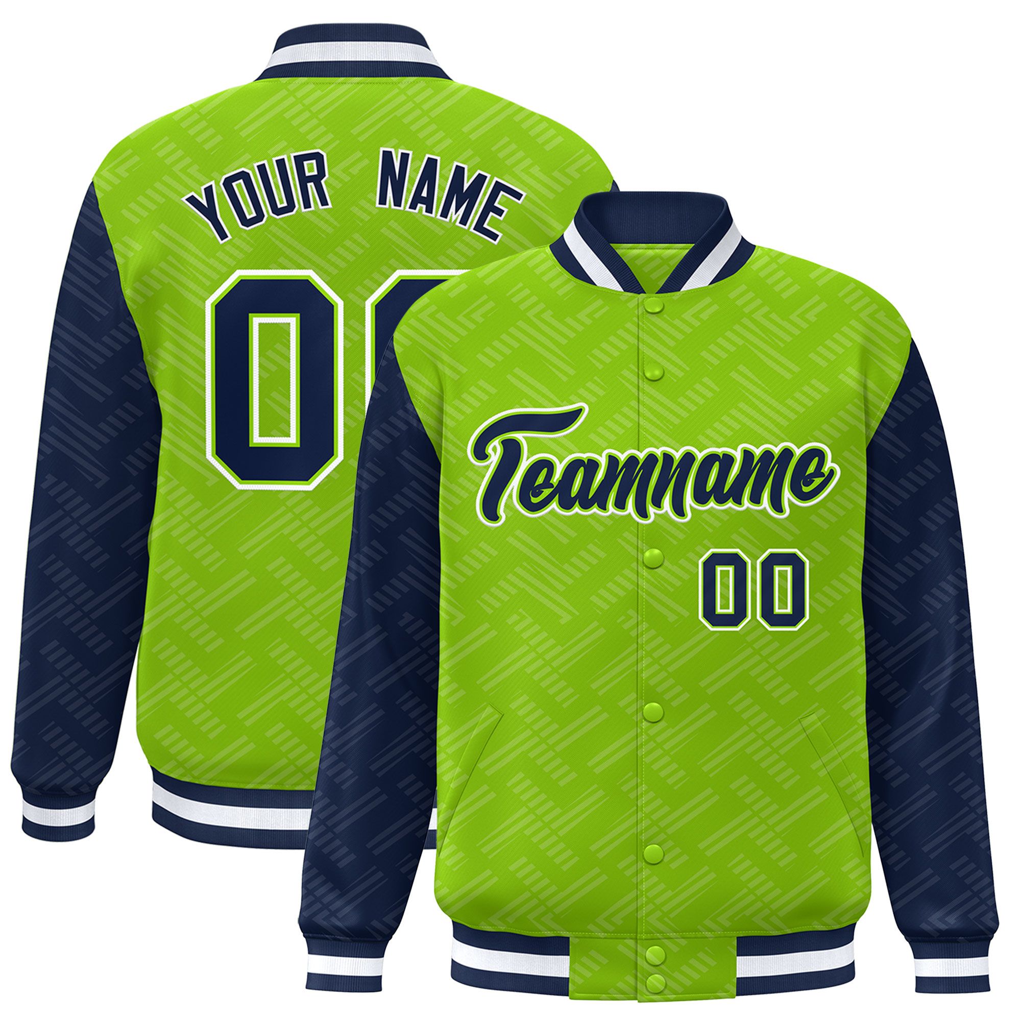 Custom Neon Green Navy L Pattern Varsity Raglan Sleeves Full-Snap Letterman Baseball Jacket