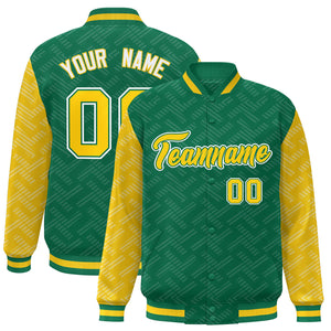 Custom Kelly Green Gold L Pattern Varsity Raglan Sleeves Full-Snap Letterman Baseball Jacket