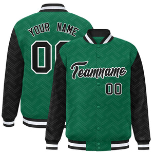 Custom Kelly Green Black L Pattern Varsity Raglan Sleeves Full-Snap Letterman Baseball Jacket