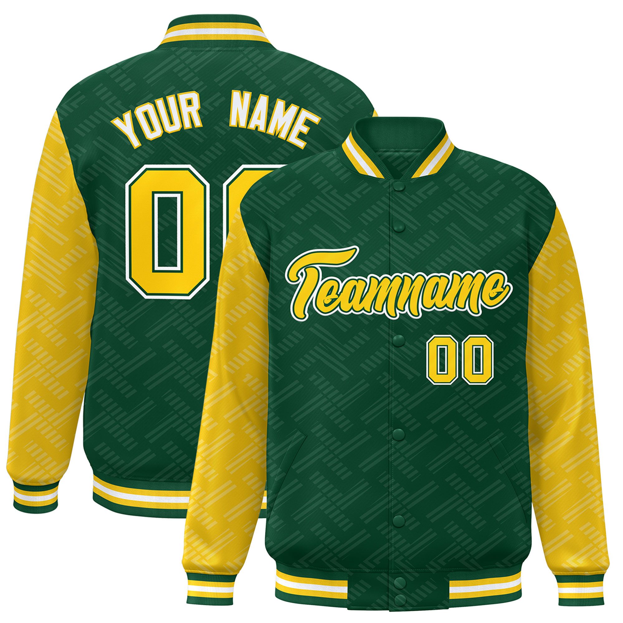 Custom Green Gold L Pattern Varsity Raglan Sleeves Full-Snap Letterman Baseball Jacket