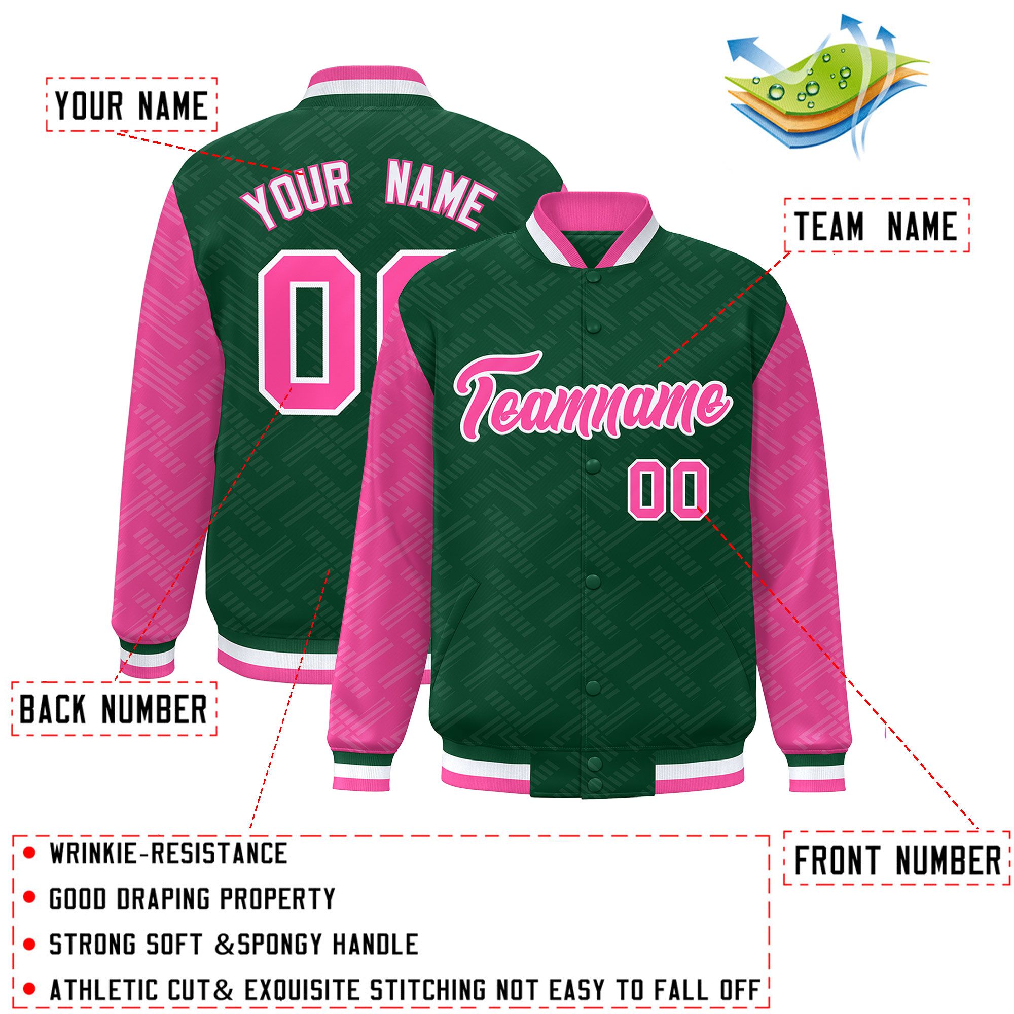 Custom Green Pink L Pattern Varsity Raglan Sleeves Full-Snap Letterman Baseball Jacket