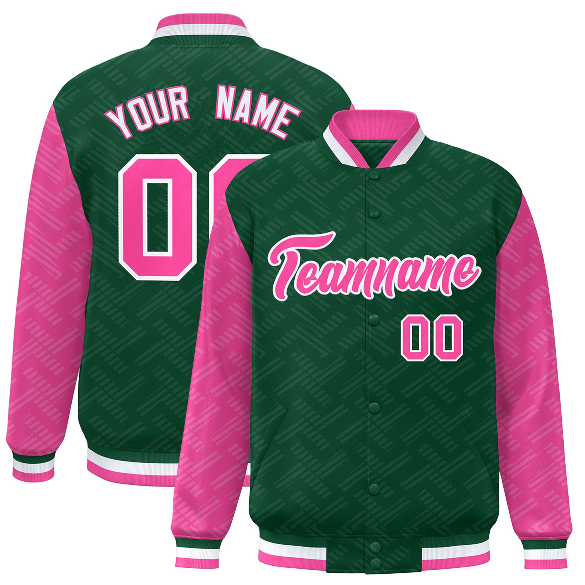 Custom Green Pink L Pattern Varsity Raglan Sleeves Full-Snap Letterman Baseball Jacket