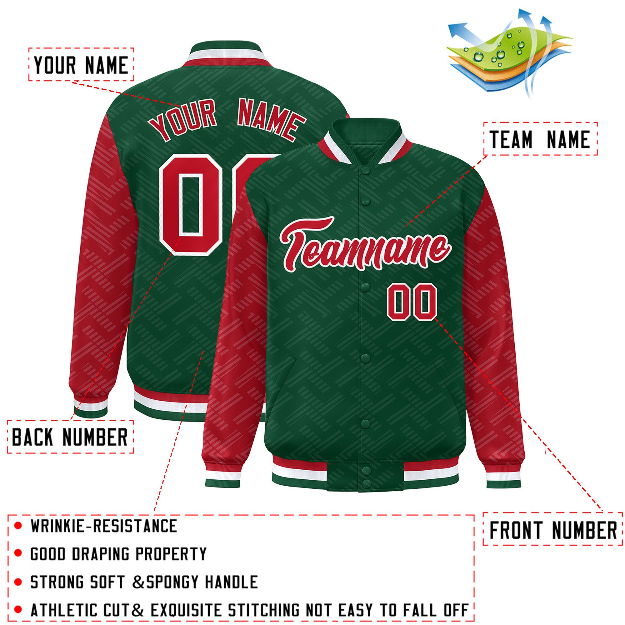 Custom Green Red L Pattern Varsity Raglan Sleeves Full-Snap Letterman Baseball Jacket