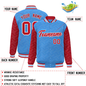 Custom Powder Blue Red L Pattern Varsity Raglan Sleeves Full-Snap Letterman Baseball Jacket