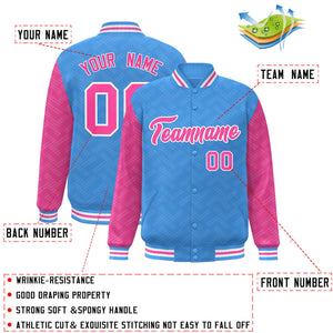 Custom Powder Blue Pink L Pattern Varsity Raglan Sleeves Full-Snap Letterman Baseball Jacket