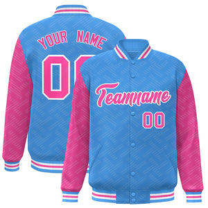 Custom Powder Blue Pink L Pattern Varsity Raglan Sleeves Full-Snap Letterman Baseball Jacket